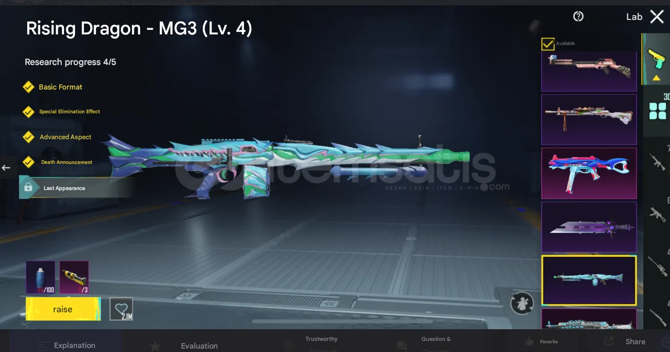 PGM574 M762 Sprite L5, MG3 Dragon L4, Silvanus X-Suit 4star, Angelic Outfit, Legendary Cars, High-End Skins (G)